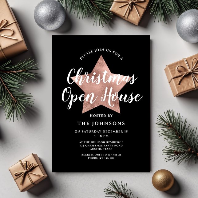 Elegant Rose Gold Star Christmas Open House Invitation (Elegant Rose Gold Star Christmas Open House Invitation)