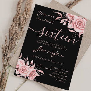 Elegant Rose Gold Sweet 16 Glitter Floral Black Invitation