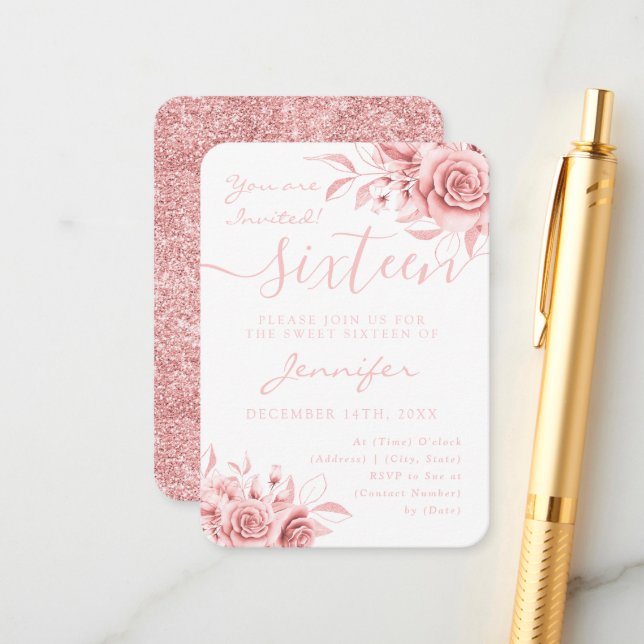 Elegant Rose Gold Sweet 16 Glitter Floral Invitati Enclosure Card (Front/Back In Situ)