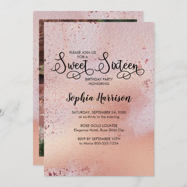 Elegant Rose Gold Sweet 16 Photo Invitation (Front/Back)