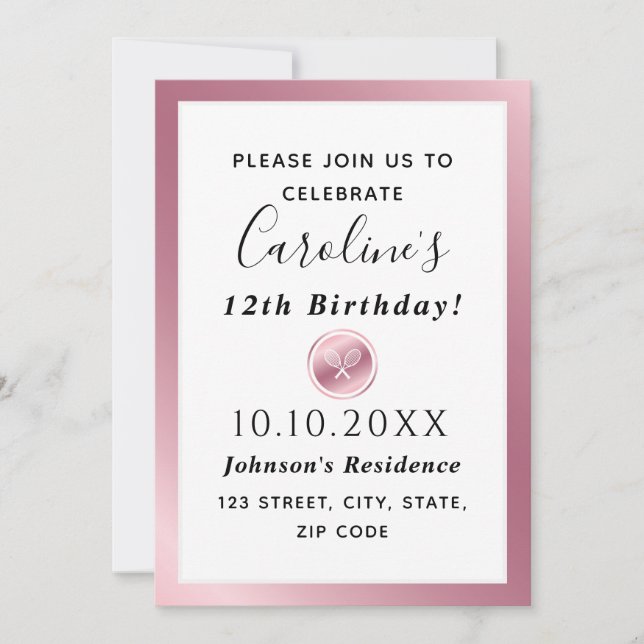 Elegant Rose Gold Tennis Rackets Girls Pink Party Invitation (Front)