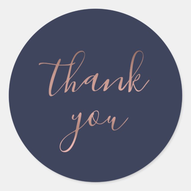Elegant Rose Gold Thank You | Navy Round Sticker (Front)