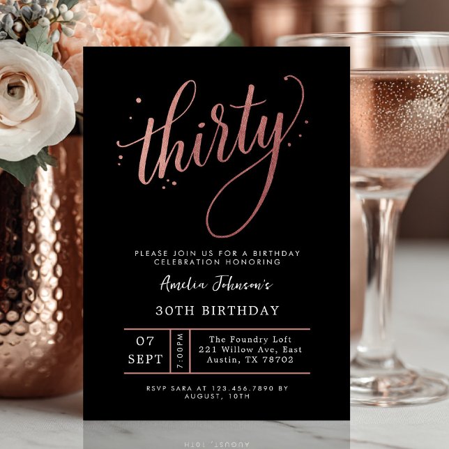 Elegant Rose Gold Thirtieth 30th Birthday Invitation (Thirty and thriving ✨ Celebrate in style with this elegant rose gold birthday invite.)