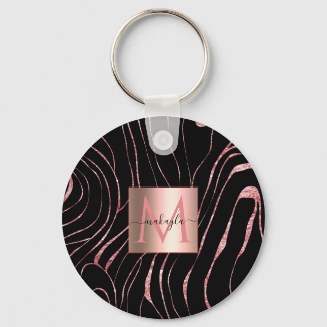 Elegant Rose Gold Tiger Striped Black Key Ring (Front)