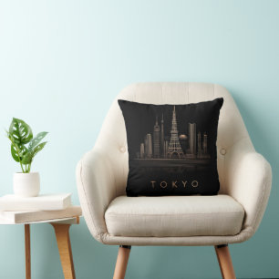 Elegant Rose Gold Tokyo City Skyline Illustration Cushion
