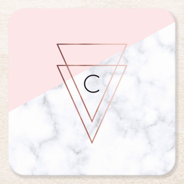 elegant rose gold triangles white marble pink square paper coaster (Front)