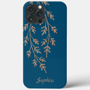 Elegant Rose Gold Twigs Custom Blue iPhone 13 Pro Max Case