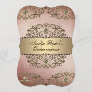 Elegant Rose Gold Vintage Damask Quinceanera Invitation