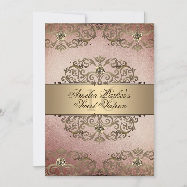 Elegant Rose Gold Vintage Damask Sweet Sixteen Invitation (Front)