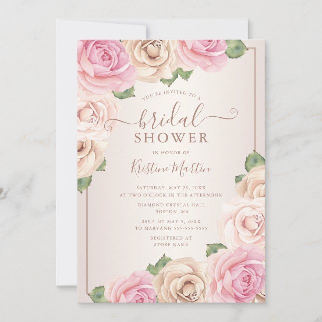 Elegant Rose Gold Watercolor Floral Bridal Shower Invitation (Front)