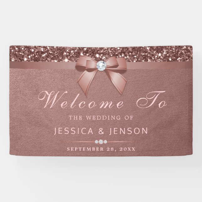 Elegant Rose Gold Wedding Diamonds Bow Glitter Banner (Horizontal)