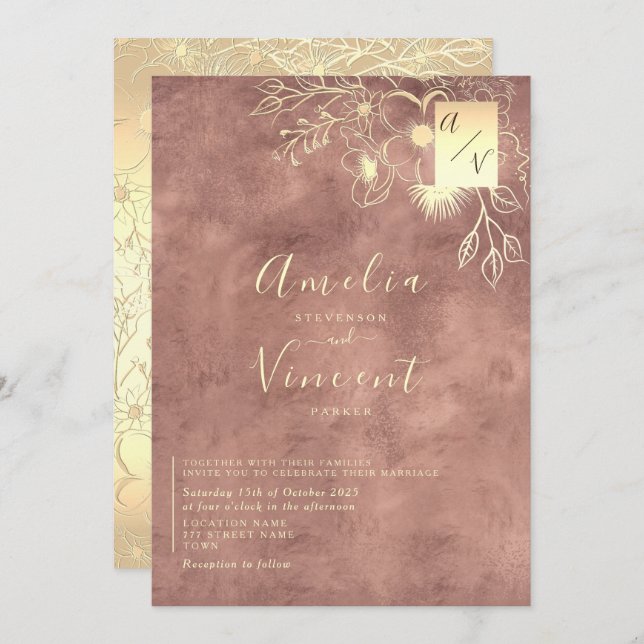 Elegant Rose Gold Wedding Invitation (Front/Back)