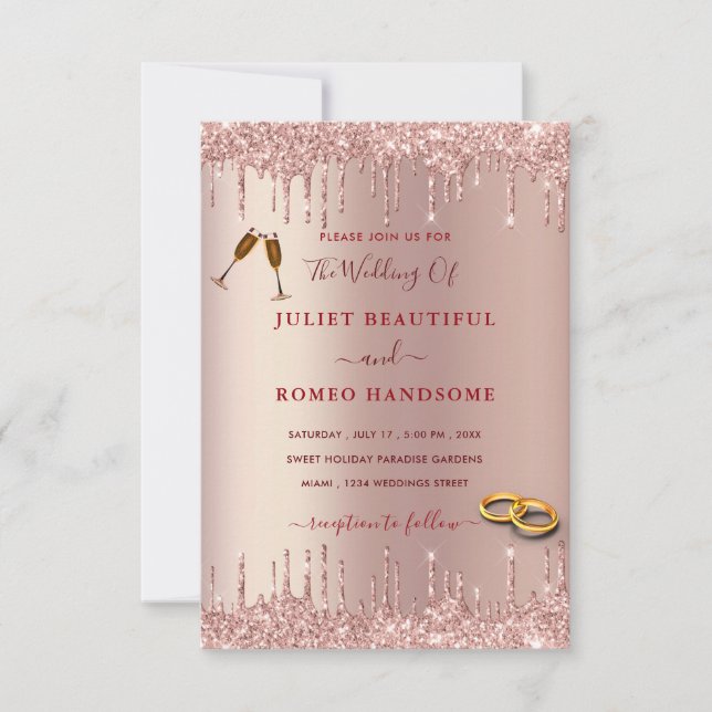 Elegant Rose Gold Wedding Invitation Glitter Drips (Front)