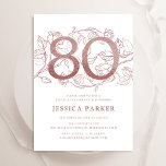 Elegant Rose Gold White 80th Birthday Invitation<br><div class="desc">Elegant rose gold and white 80th birthday party invitation. Customisable modern feminine design featuring roses botanical accents and faux glitter rose gold. Simple floral invite card perfect for a stylish female bday celebration. Personalise with your own details. Printed Zazzle invitations or instant download digital printable template.</div>