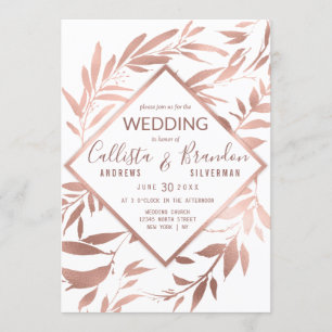 Elegant Rose Gold White Floral Leaves Wedding Invitation