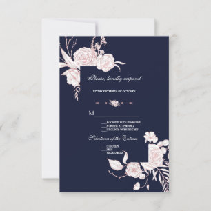 Elegant Rose Gold White Flowers Frame Wedding RSVP Card