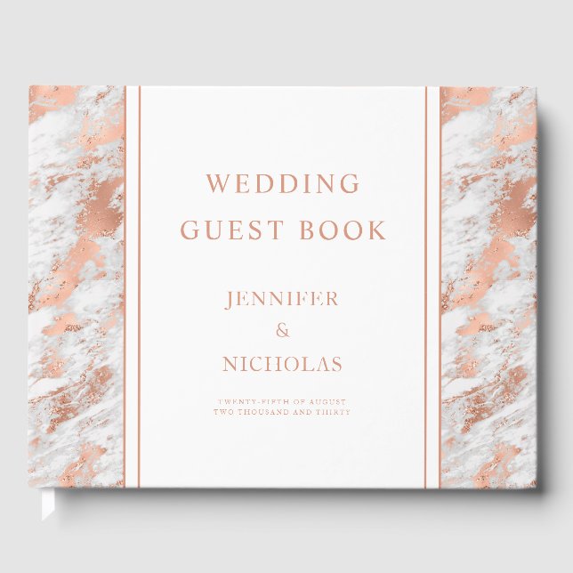 Elegant Rose Gold White Marble Wedding Guest Boo Book (Front)