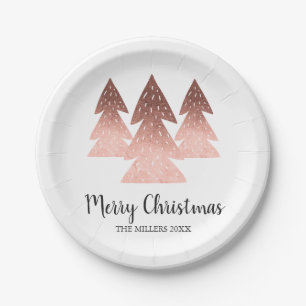 Elegant rose gold & white Merry Christmas tree Paper Plate