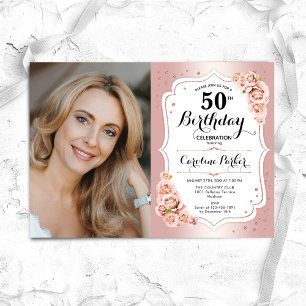 Elegant Rose Gold White Photo 50th Birthday Invitation