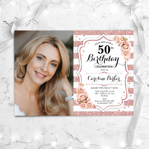 Elegant Rose Gold White Photo 50th Birthday Invitation