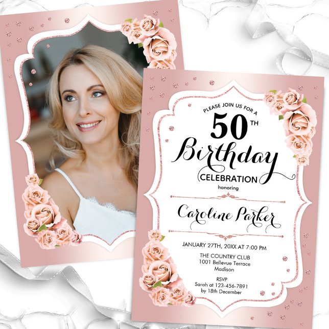 Elegant Rose Gold White Photo 50th Birthday Invitation (Creator Uploaded)
