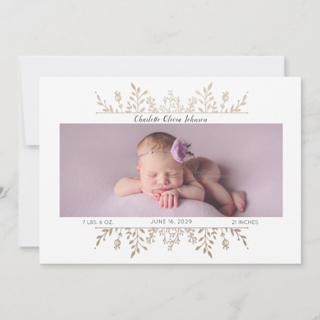 Elegant Rose Gold White Photo Birth Announcement (Front)