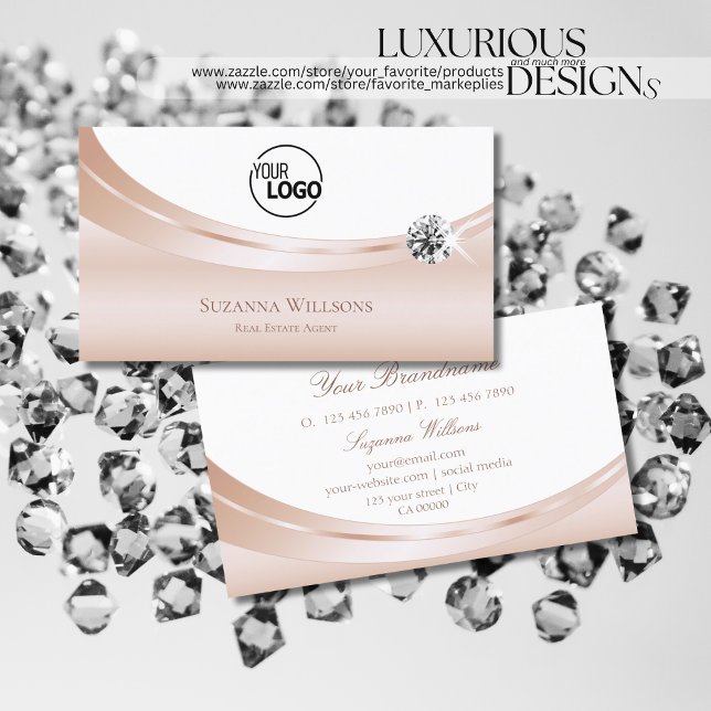 Elegant Rose Gold White with Logo and Diamond Chic Business Card (Creator Uploaded)