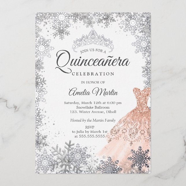 Elegant Rose Gold Winter Snowflake Quinceanera (Front)