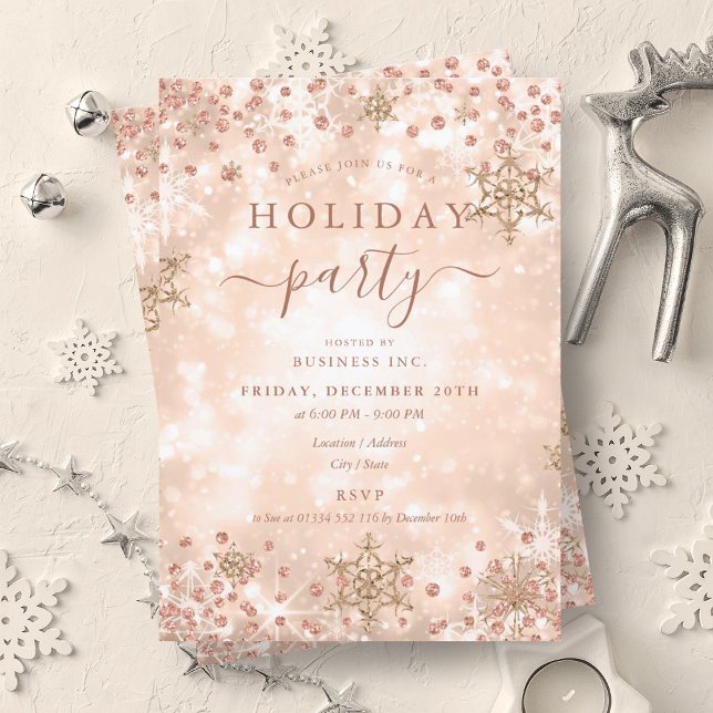 Elegant Rose Gold Xmas Winter Company Holiday  Invitation (Elegant Rose Gold Xmas Winter Company Holiday Invitation)