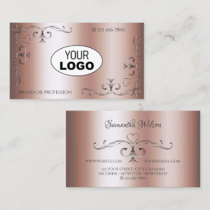 Elegant Rose Golden Silver Ornate Corners Add Logo Business Card