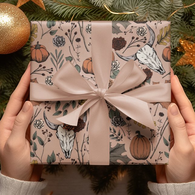 Elegant Rose Gothic Fall Harvest and Cow Skulls Wrapping Paper (Elegant Design with Hand-Drawn Cow Skulls, Pumpkins, Roses, Leaves, Berries & Branches in Black Ink.)