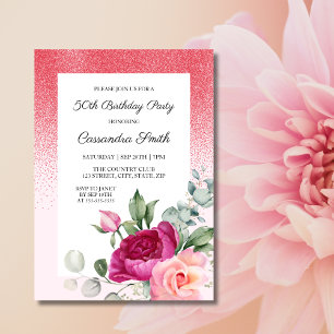 Elegant Rose Greenery Floral Red Glitter Birthday  Invitation