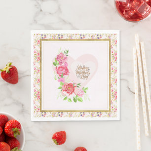 Elegant Rose Heart Happy Mother’s Day Party Napkin