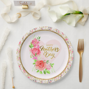 Elegant Rose Heart Happy Mother’s Day Party Paper Plate