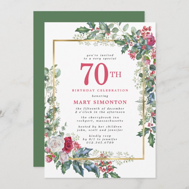 Elegant Rose Holly Berries 70th Birthday Party Invitation (Front/Back)