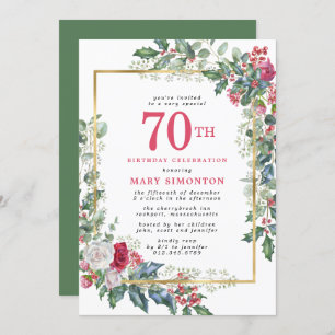 Elegant Rose Holly Berries 70th Birthday Party Invitation