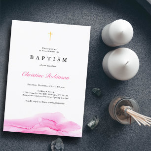 Elegant Rose Ink Gold Cross Baptism & Christening Invitation