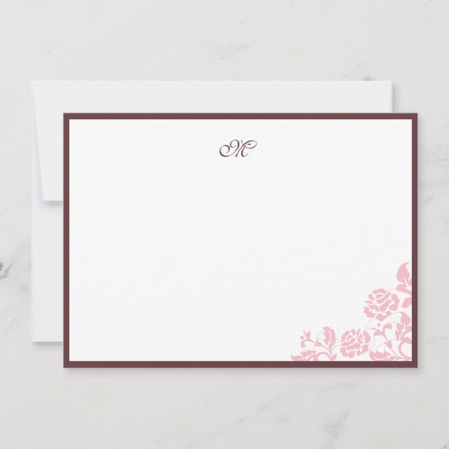 Elegant Rose Lace Pink Stripe Script Monogram Note Card (Front)