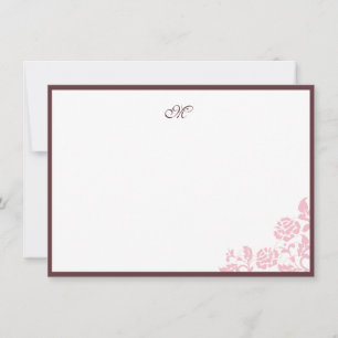 Elegant Rose Lace Pink Stripe Script Monogram Note Card