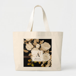Elegant Rose Monogram Black Large Tote Bag
