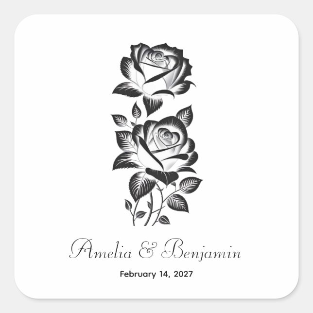 Elegant Rose Monogram Date Lovely Stylish Custom Square Sticker (Front)