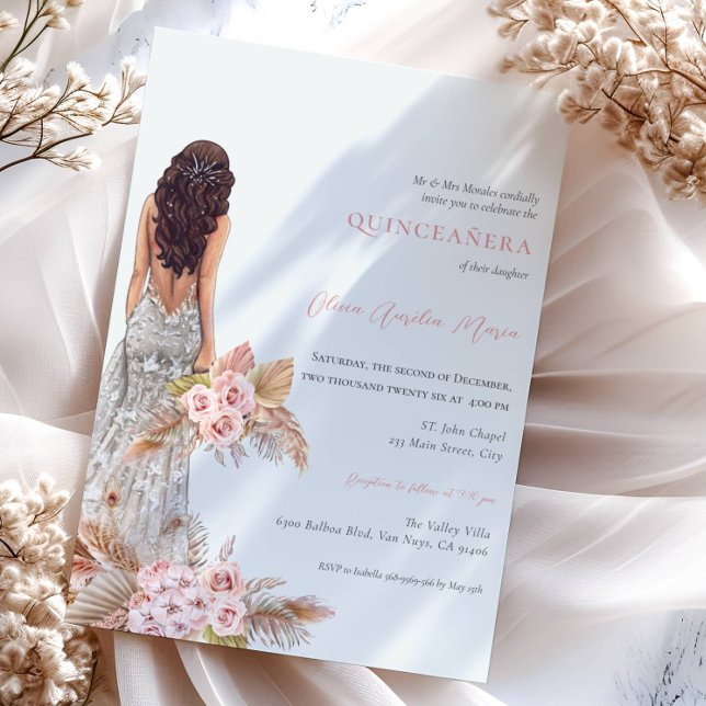 Elegant Rose Pampas Grass Dress Quinceanera Invitation (Creator Uploaded)