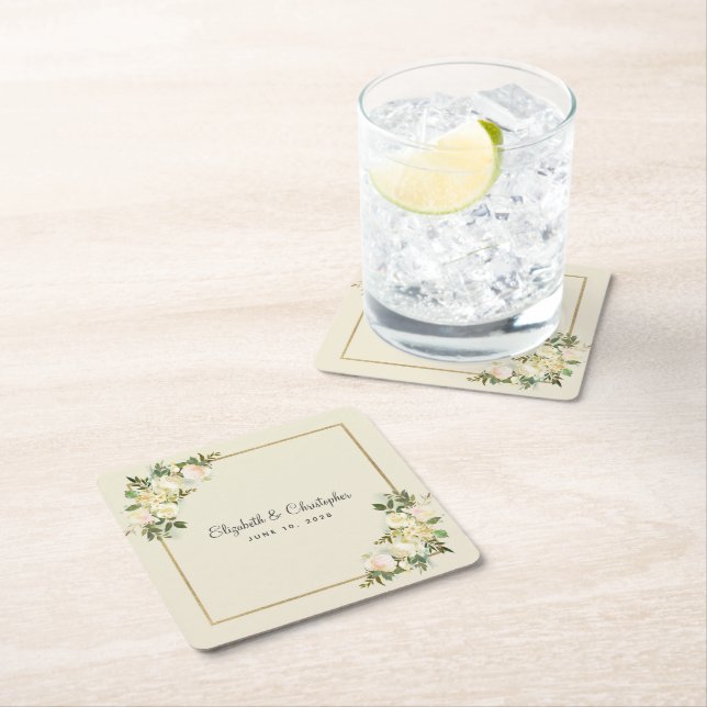 Elegant Rose | Personalised Wedding Watercolor Square Paper Coaster (Insitu)