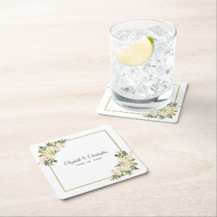 Elegant Rose Personalised Wedding White Square Paper Coaster