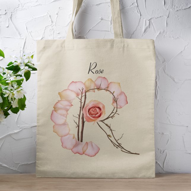 Elegant Rose Petal Letter R Monogram Custom Name Tote Bag (Creator Uploaded)