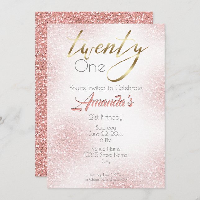 Elegant Rose Pink And Gold Glitter 21st Invitation (Front/Back)