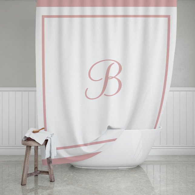 Elegant Rose Pink Border Script Monogram Shower Curtain (Creator Uploaded)