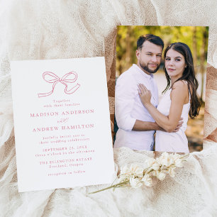 Elegant Rose Pink Bow Photo Wedding Invitation