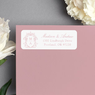 Elegant Rose Pink Crest Monogram Wedding Address Return Address Label