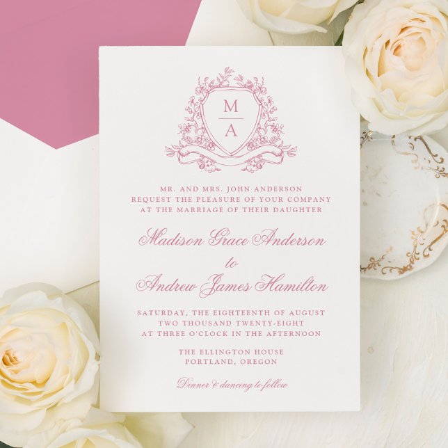 Elegant Rose Pink Floral Crest Monogram Wedding Invitation (Creator Uploaded)